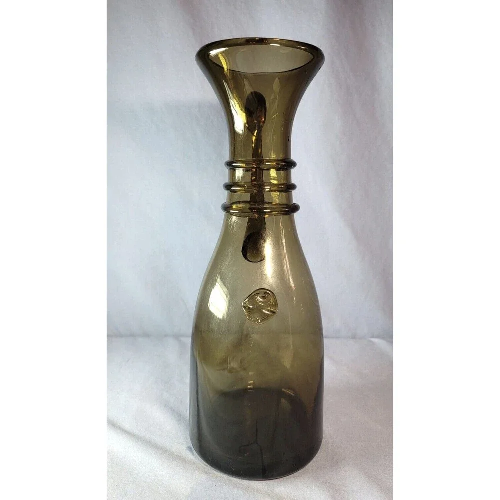 Italian Wine Decanter Vase Dark Smoke Colored Neck Rings 13.5''T VTG Italy Made